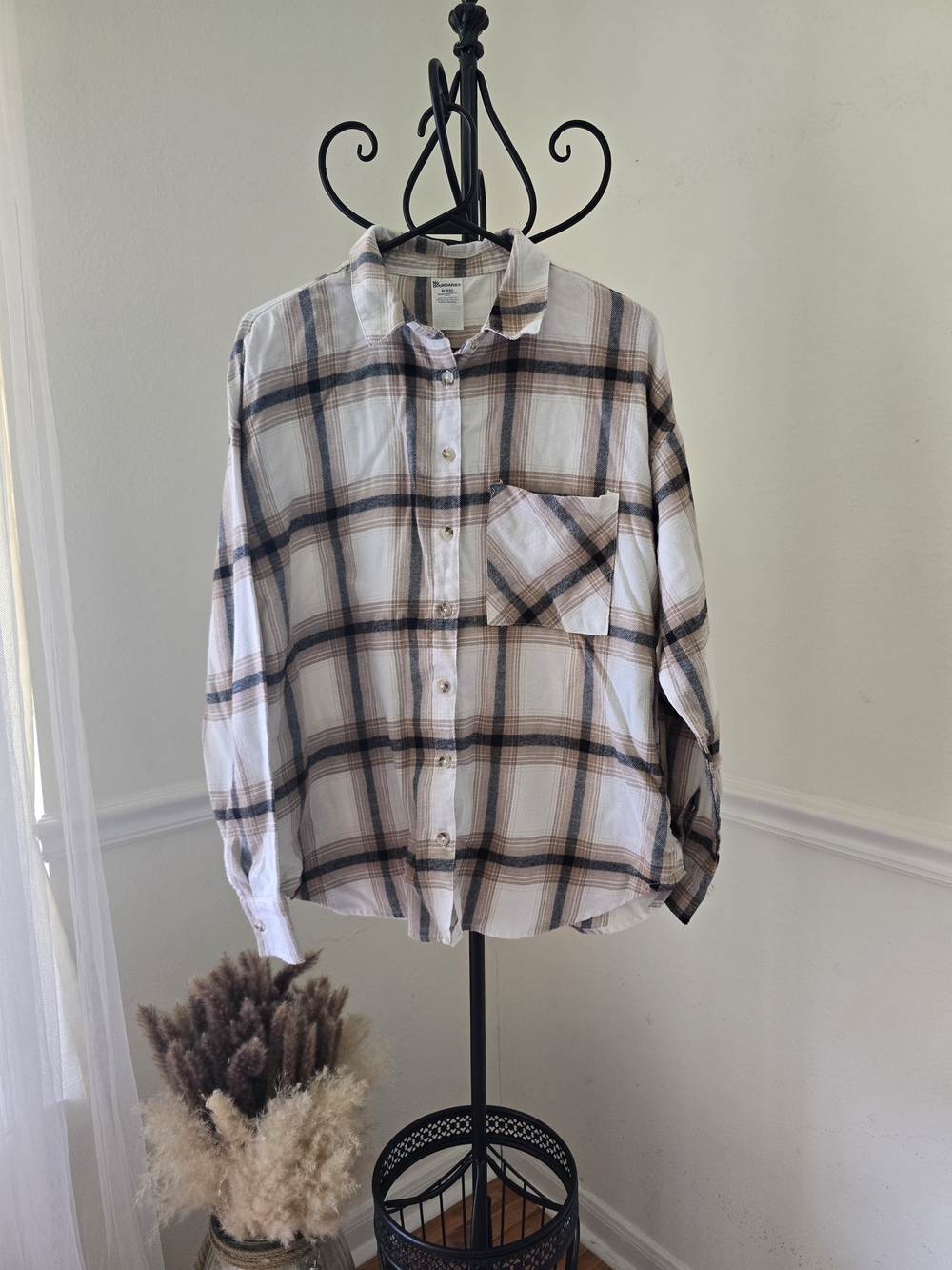 No Boundaries White Plaid Button-Down Shirt with Brown and Black Stripes